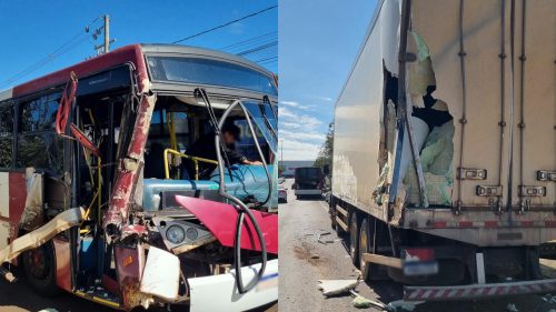 Acidente entre ônibus e caminhão é registrado no bairro Santo Onofre em Cascavel Acidente entre ônibus e caminhão é registrado no bairro Santo Onofre em Cascavel