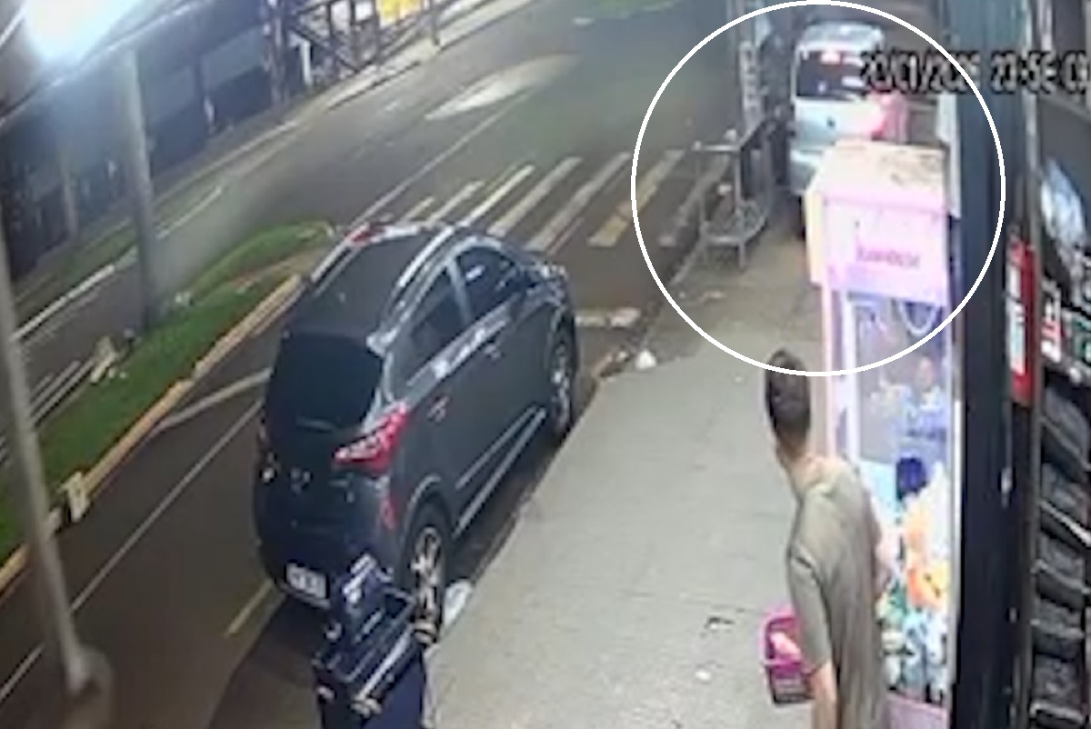 Vídeo: Motorista sobe em calçada, furta espeto de churrasqueira e foge
