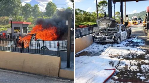 Picape é consumida por incêndio após vazamento de combustível em praça de pedágio na BR-376 Imagem referente a Picape é consumida por incêndio após vazamento de combustível em praça de pedágio na BR-376