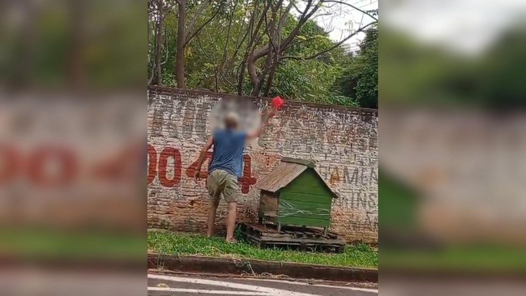 Homem é flagrado jogando fora potes com água e comida para animais de rua em Cascavel