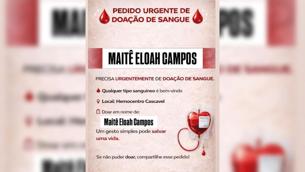 Maitê Eloah Campos precisa de doadores de sangue