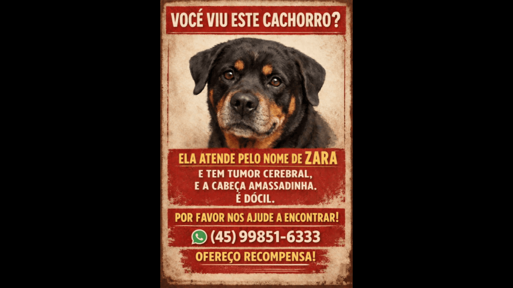 Cachorra Zara desapareceu no bairro Santa Cruz