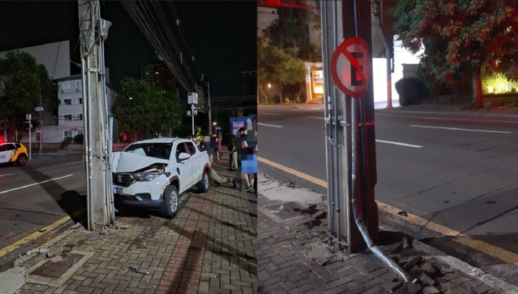 Motorista foge após colidir com placa e poste na região central