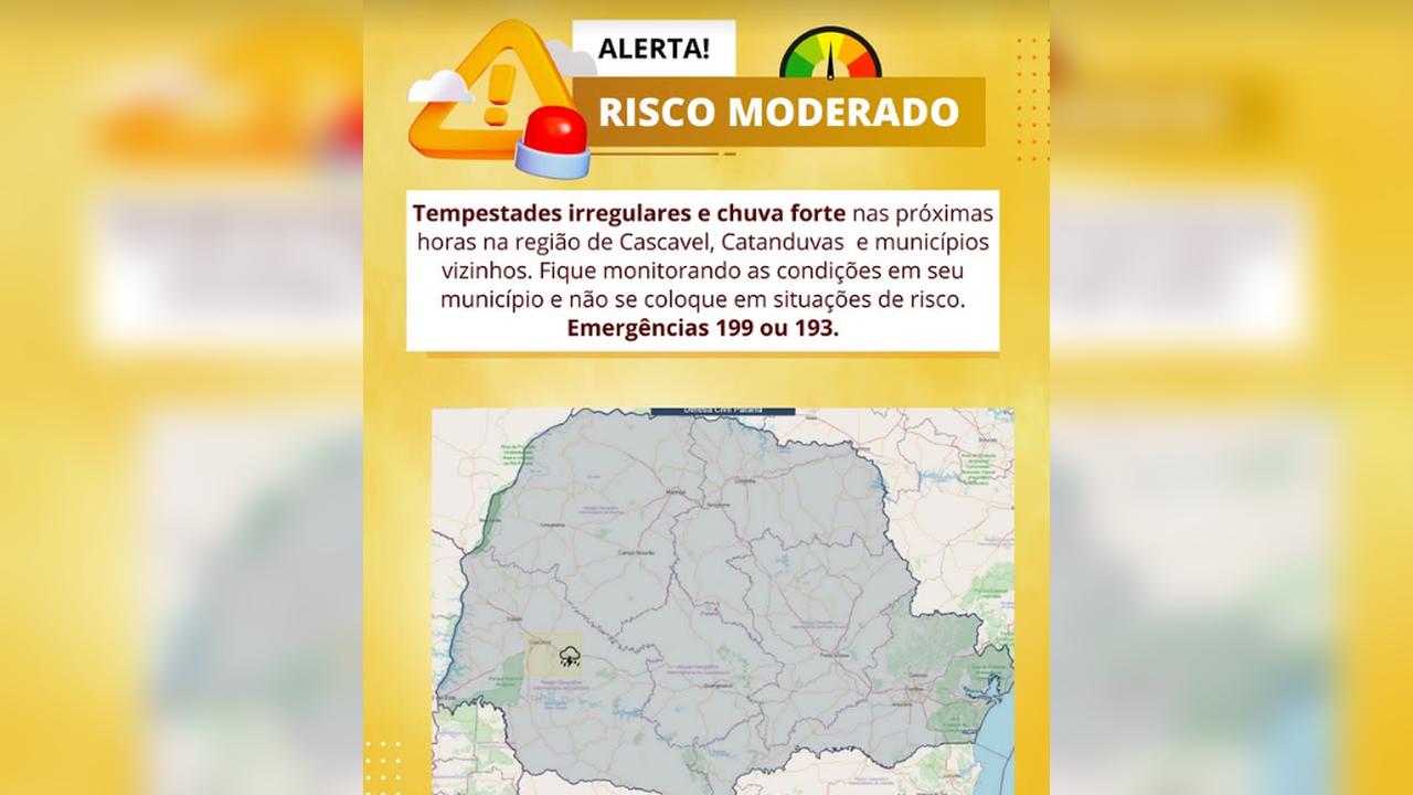 Imagem referente a Atenção em Cascavel: Defesa Civil emite alerta de tempestades para este domingo