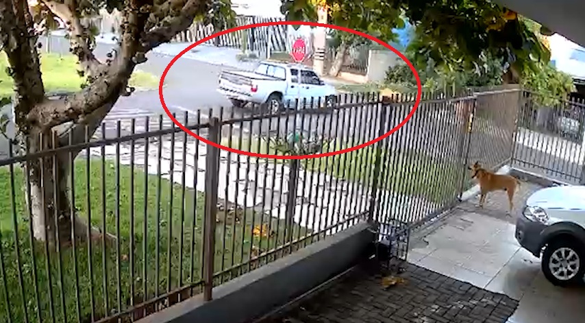 Câmera flagra momento em que caminhonete destrói entrada de casa e foge no Bairro Brasília