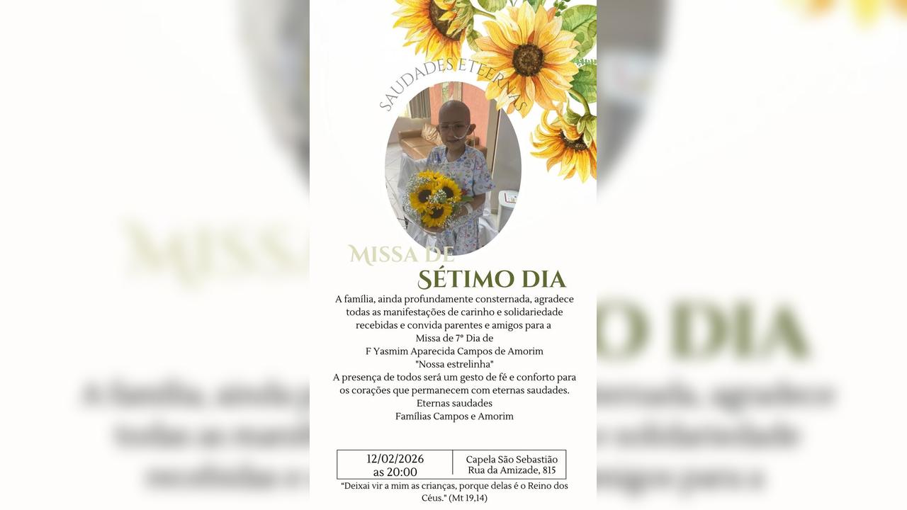 Família convida a comunidade para a missa de 7º dia da pequena Yasmim, vítima de câncer Imagem referente a Família convida a comunidade para a missa de 7º dia da pequena Yasmim, vítima de câncer