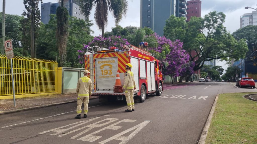 Caminhão ABTR dos Bombeiros é acionado para retirar tronco que caiu e bloqueou passagem no Centro de Cascavel