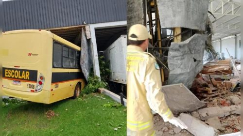 Ônibus escolar invade comércio em Medianeira e causa danos