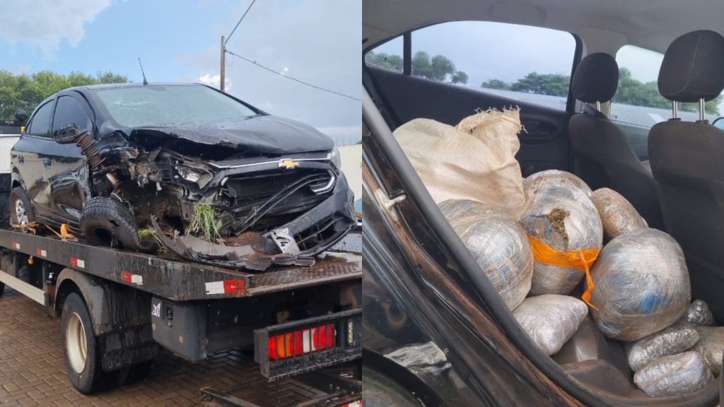 Onix destruído após acidente e 74 kg de maconha apreendidos são levados à Central de Flagrantes em Cascavel Onix destruído após acidente e 74 kg de maconha apreendidos são levados à Central de Flagrantes em Cascavel