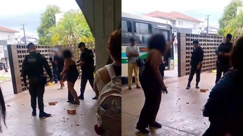 Registro mostra mulher detida após causar tumulto e jogar tijolos contra agentes da GM no Terminal Leste Registro mostra mulher detida após causar tumulto e jogar tijolos contra agentes da GM no Terminal Leste