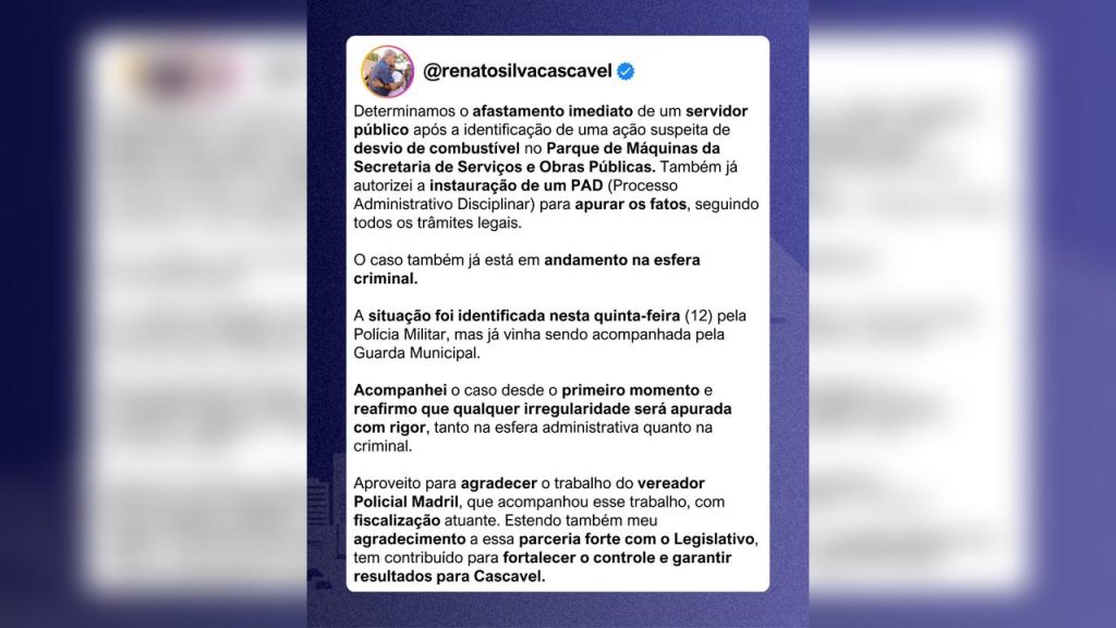 Prefeito Renato Silva se manifesta sobre caso de servidor suspeito de desvio de combustível