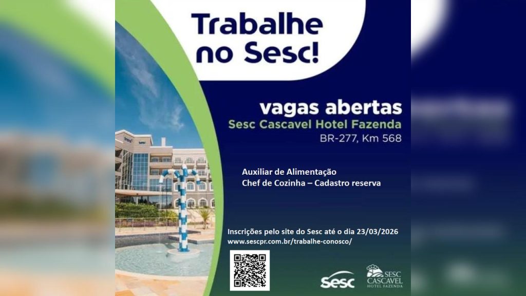 Sesc anuncia vagas de emprego com salário de até R$ 4,6 mil; veja como se inscrever