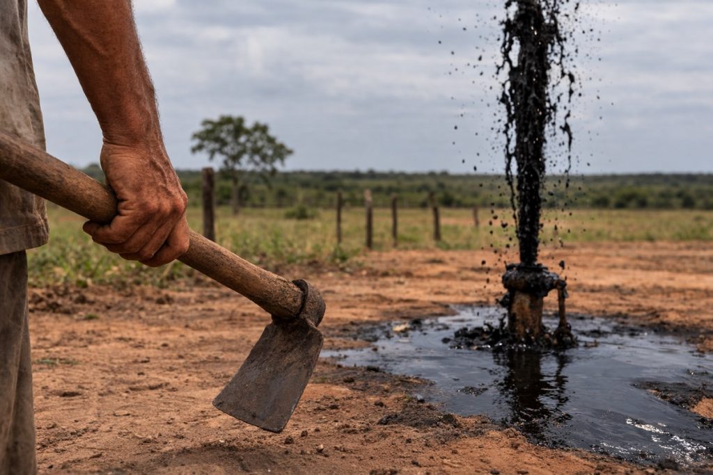 ‘Petróleo’ no sítio: agricultor aguarda laudos após perfurar poço atrás de água e encontrar óleo preto