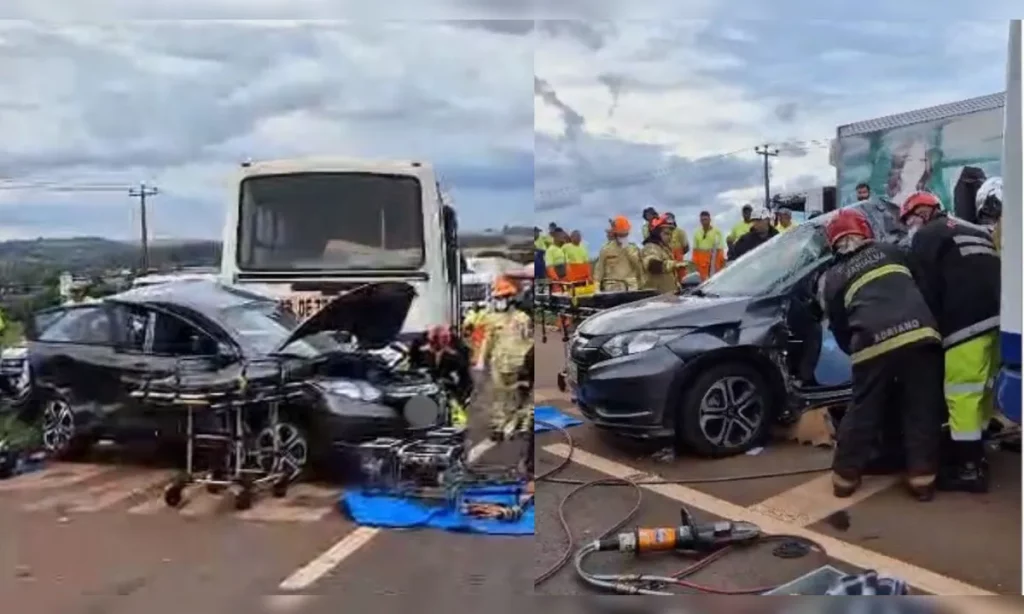 Acidente entre dois carros e ônibus deixa idoso preso às ferragens na BR-376, no Paraná