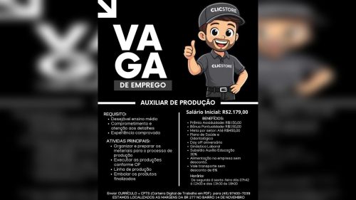 Clic Store contrata Auxiliar de Produção