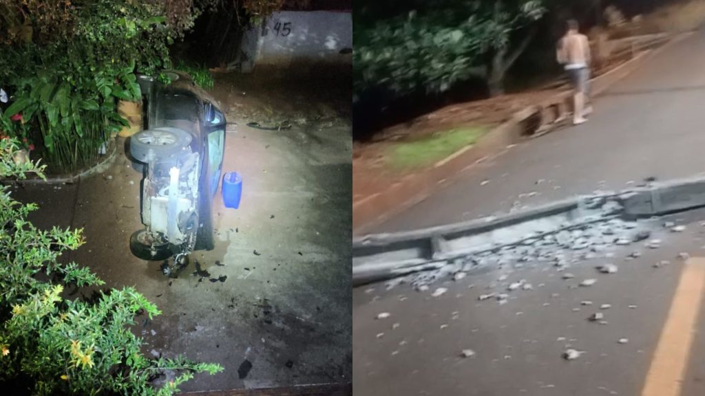 Motorista destrói poste, capota carro de luxo e abandona Mercedes Motorista destrói poste, capota carro de luxo e abandona Mercedes