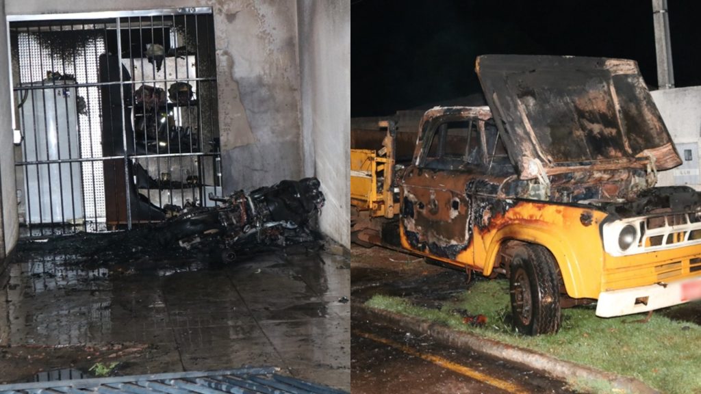 Incêndio criminoso destrói caminhões, moto e atinge residência em Campo Mourão