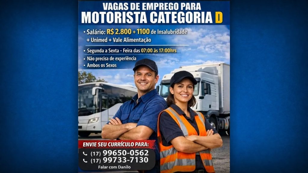Seis vagas abertas para motorista categoria D com salário e benefícios atrativos