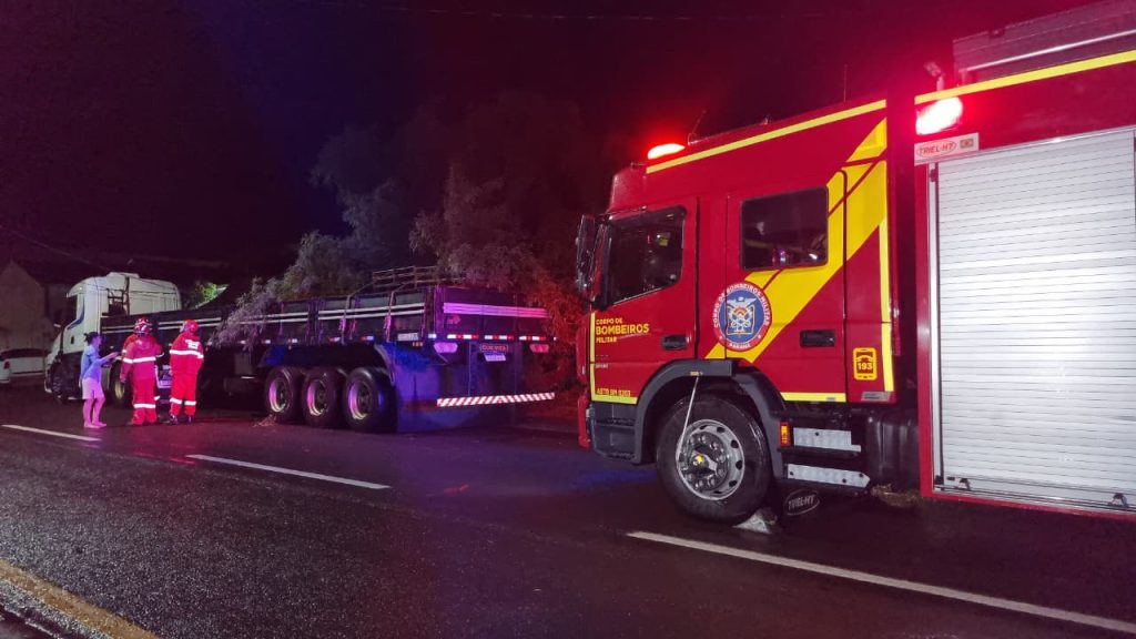 Árvore cai em cima de caminhão na Rua Manoel Ribas