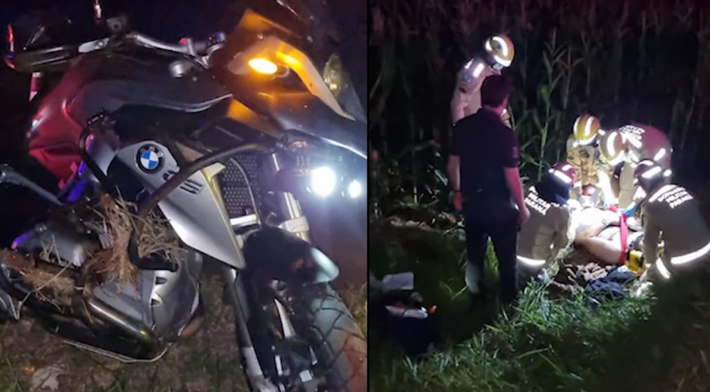 Homem perde o controle de moto BMW e sofre fratura exposta em queda violenta na PR-486
