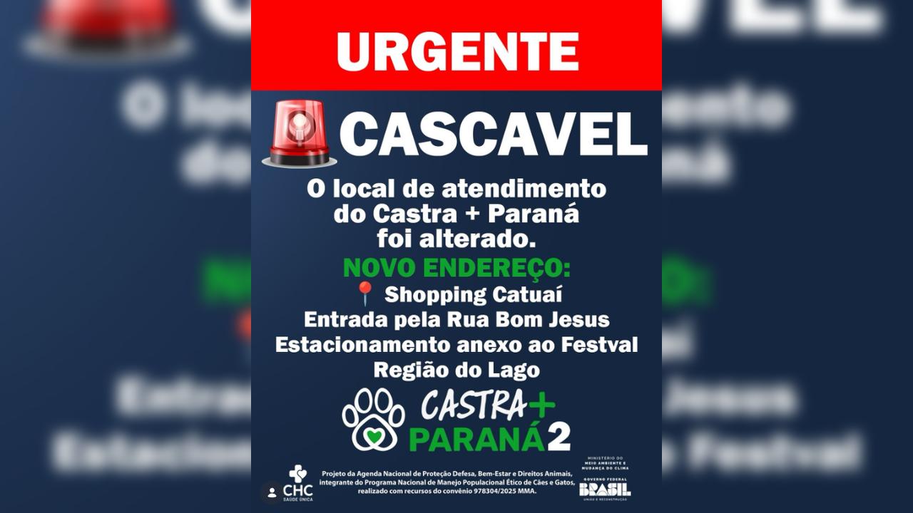 Imagem referente a Atenção! Local do Castra + Paraná em Cascavel foi alterado
