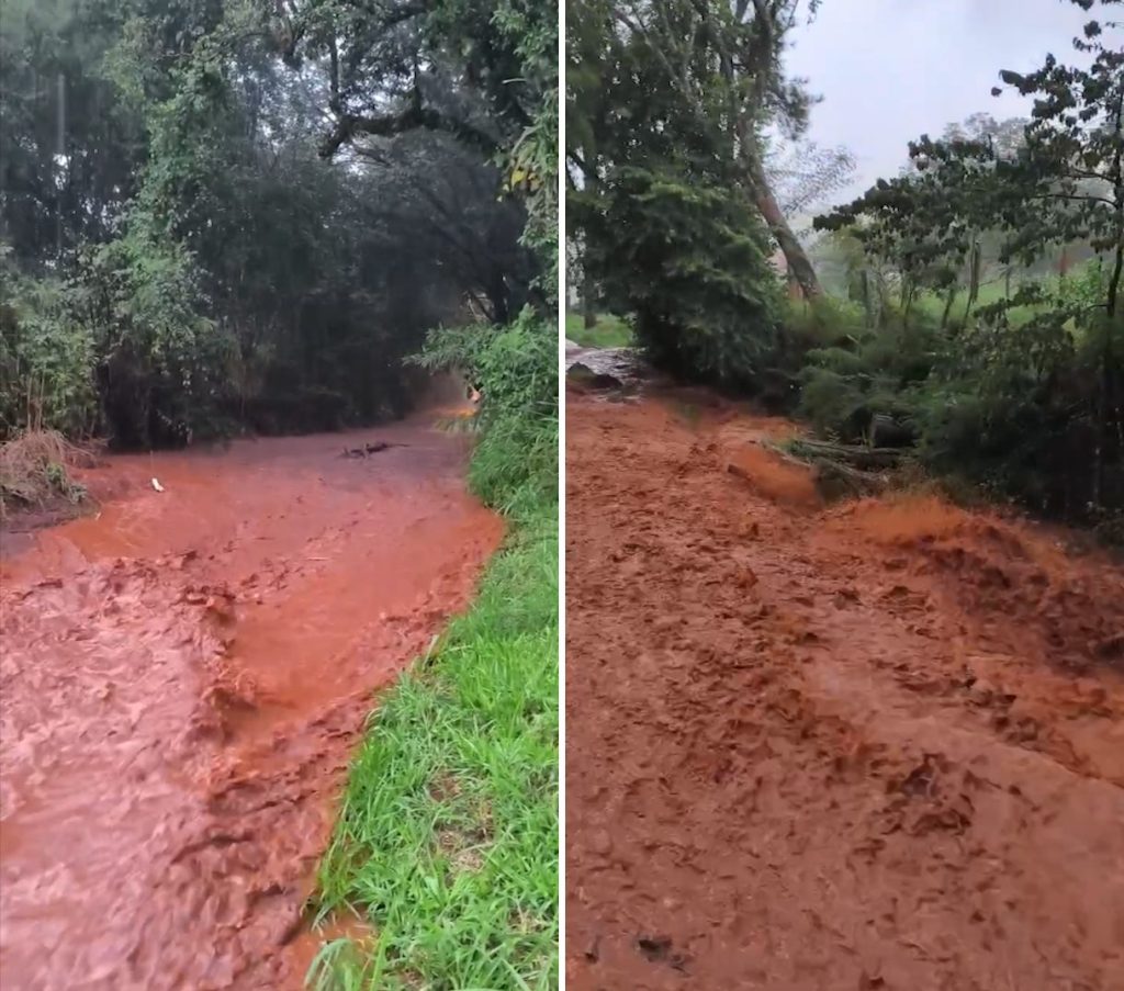 Impressionante: Rua vira rio após chuva intensa e casas são alagadas no Lago Azul