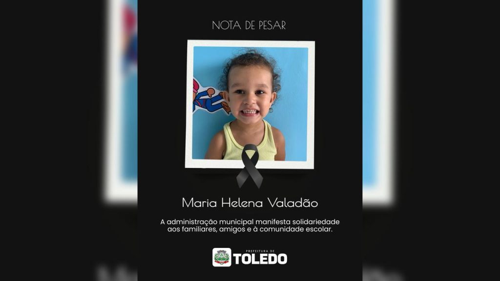 Prefeitura de Toledo lamenta morte de menina de 2 anos aluna do Cmei Crescer e Aprender