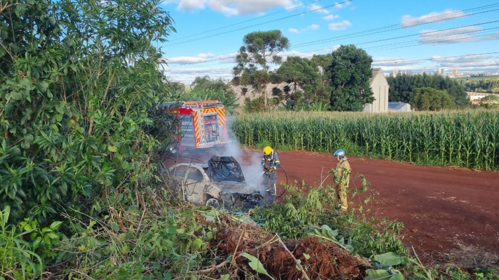 Carro pega fogo após saída de pista às margens da BR-467 em Cascavel