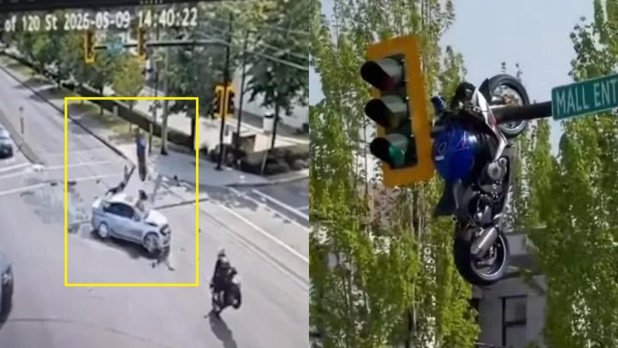 Moto fica pendurada em semáforo após acidente impressionante; Veja vídeo