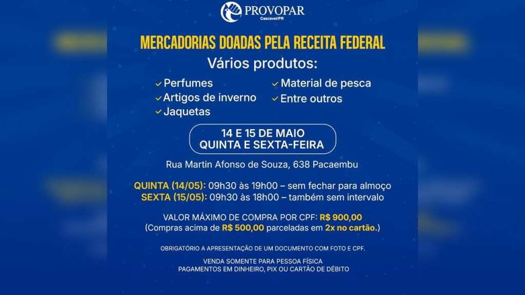Provopar realiza bazar beneficente com produtos doados pela Receita Federal em Cascavel