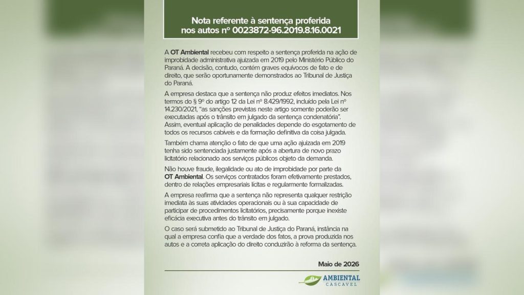 OT Ambiental diz que vai recorrer de sentença em ação de improbidade e nega efeitos imediatos