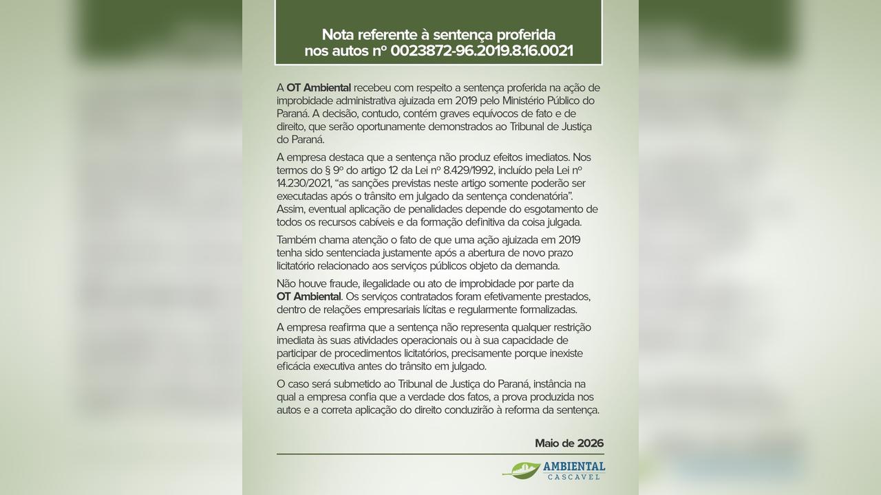 OT Ambiental diz que vai recorrer de sentença em ação de improbidade e nega efeitos imediatos OT Ambiental diz que vai recorrer de sentença em ação de improbidade e nega efeitos imediatos