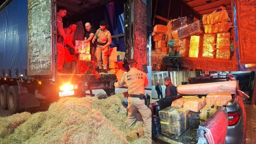 PM e PF apreendem mais de 4 toneladas de maconha escondidas em carreta na BR-277