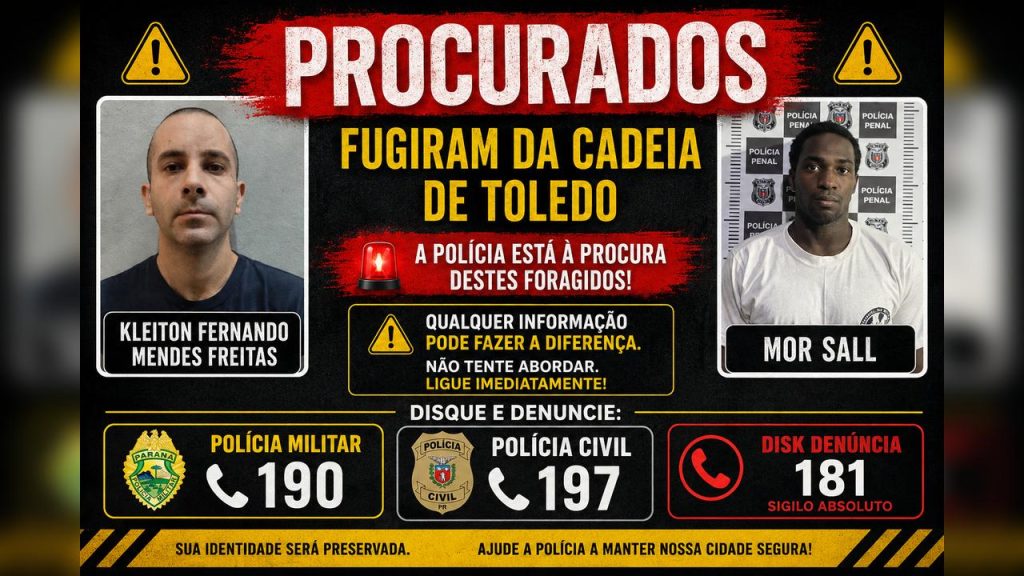 Fuga na Cadeia Pública de Toledo: dois presos seguem foragidos após ação na madrugada Fuga na Cadeia Pública de Toledo: dois presos seguem foragidos após ação na madrugada