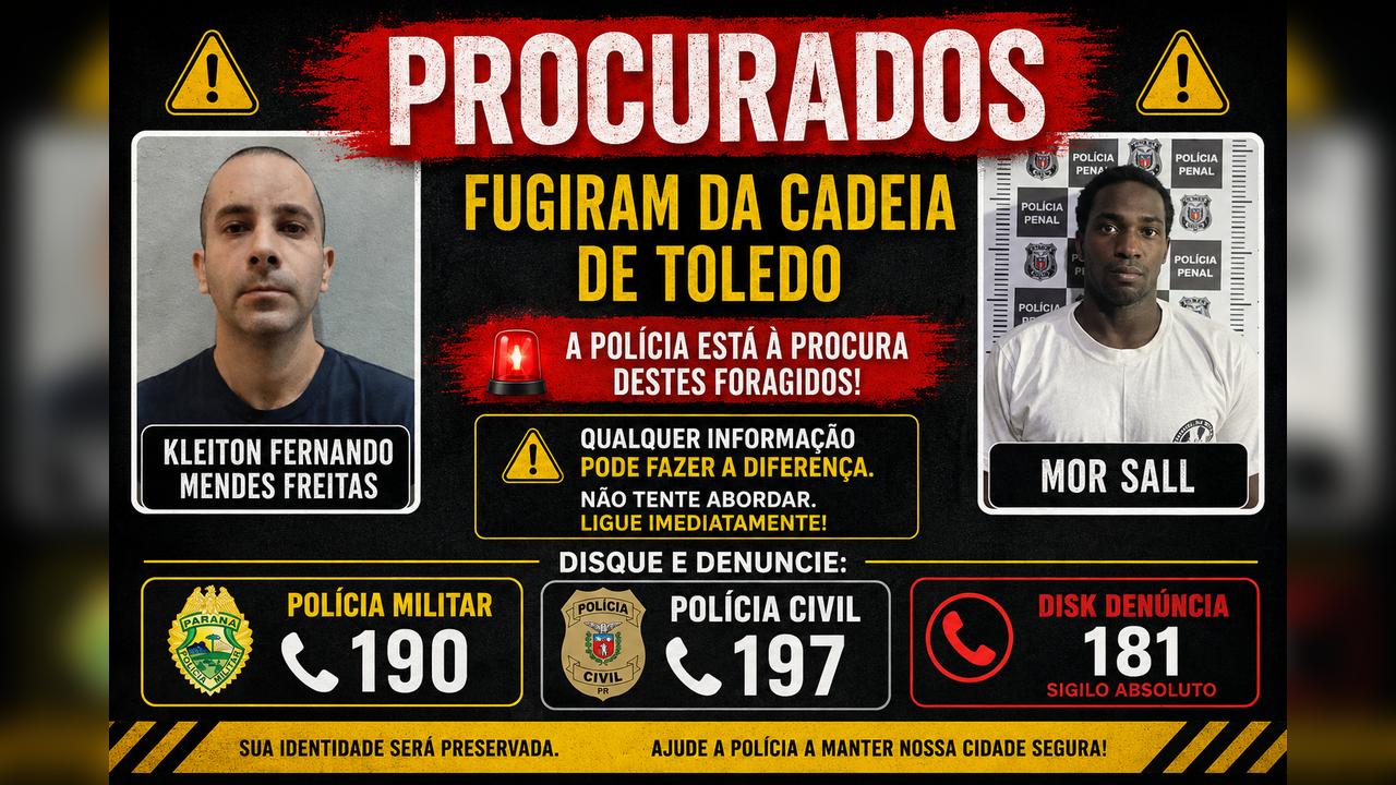 Fuga na Cadeia Pública de Toledo: dois presos seguem foragidos após ação na madrugada Fuga na Cadeia Pública de Toledo: dois presos seguem foragidos após ação na madrugada