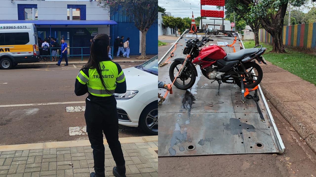 Transitar flagra motociclista transportando criança sem capacete na frente de escola Imagem referente a Transitar flagra motociclista transportando criança sem capacete na frente de escola