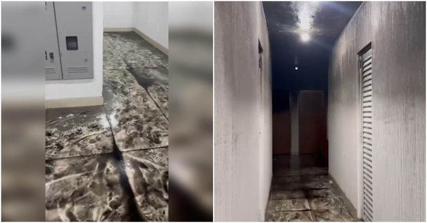 Vídeo mostra corredor alagado após incêndio em prédio no bairro Santa Cruz