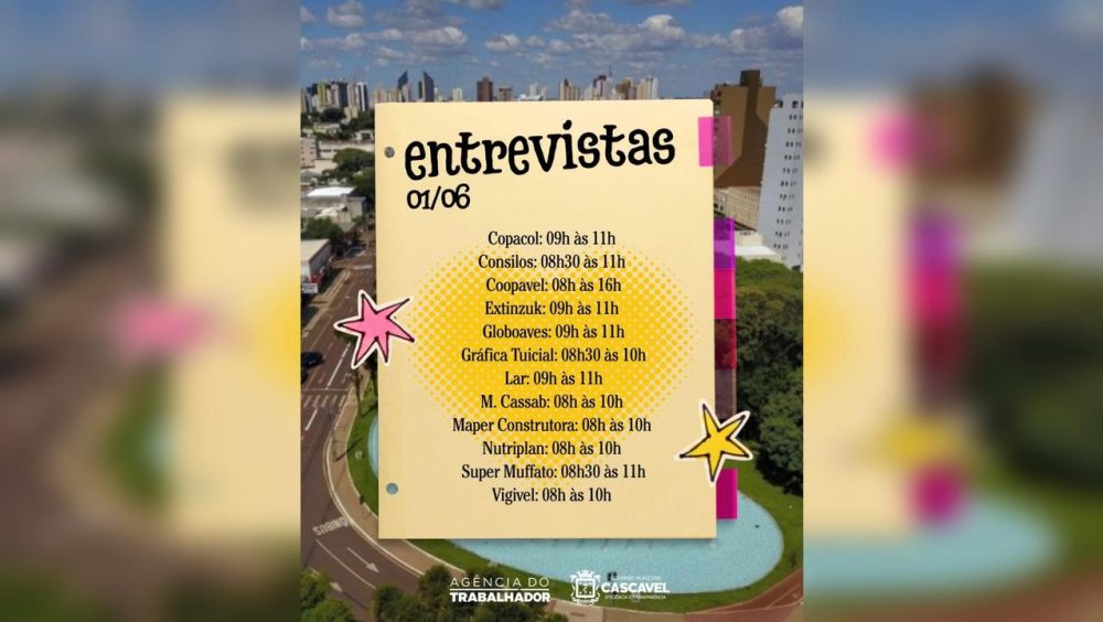 Agência do Trabalhador de Cascavel promove mutirão de vagas nesta segunda-feira (1º) Imagem referente a Agência do Trabalhador de Cascavel promove mutirão de vagas nesta segunda-feira (1º)