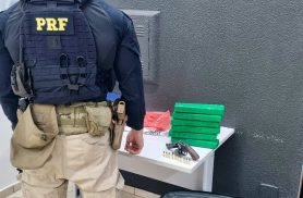 PRF apreende maconha e arma de fogo com passageiro de ônibus na BR-277, em Santa Terezinha de Itaipu