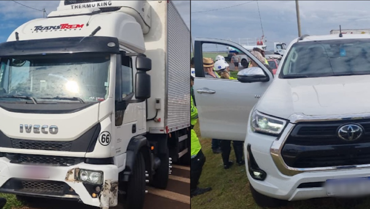 Caminhão e Hilux batem no Trevo Cataratas; EPR acionada