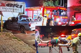 Motorista fica preso às ferragens após colisão entre caminhonete e caminhão no Bairro Santa Cruz