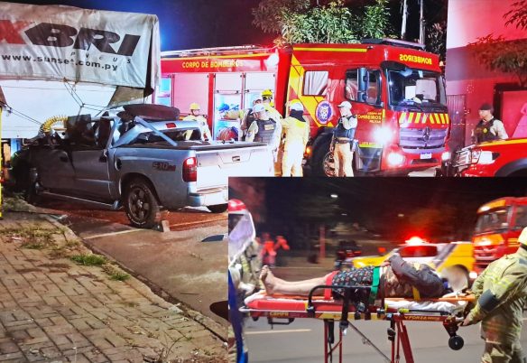 Motorista fica preso às ferragens após colisão entre caminhonete e caminhão no Bairro Santa Cruz