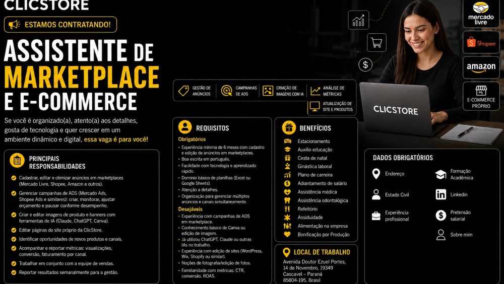 Clicstore contrata Assistente de Marketplace e E-Commerce Imagem referente a Clicstore contrata Assistente de Marketplace e E-Commerce