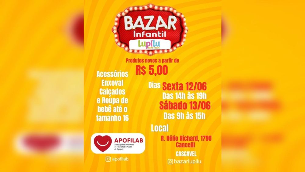 Bazar da Apofilab tem roupas infantis a partir de R$ 5; É nesta sexta e sábado! Imagem referente a Bazar da Apofilab tem roupas infantis a partir de R$ 5; É nesta sexta e sábado!