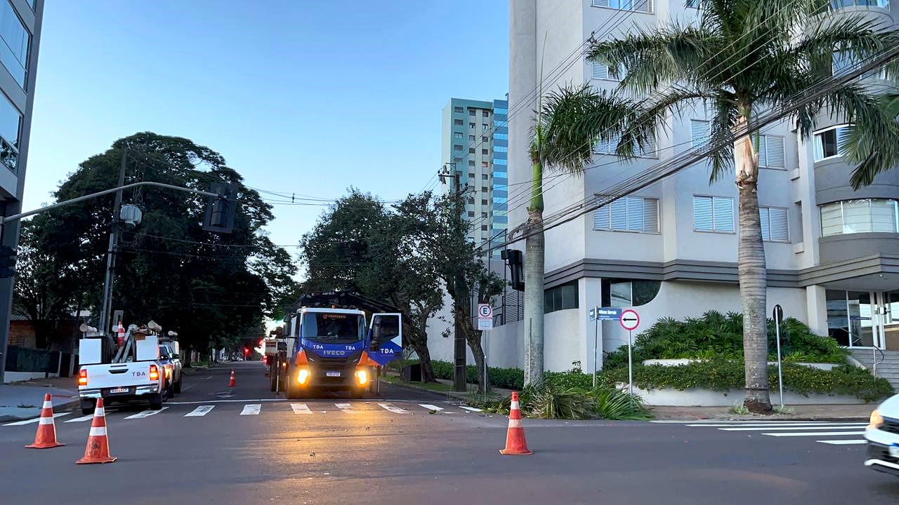 Equipes trabalham para restabelecer energia após queda de galho na Rua Minas Gerais