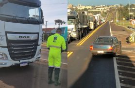 Acidente entre caminhão e Monza deixa trânsito lento no Trevo da Portal, em Cascavel