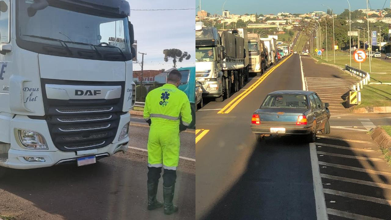 Acidente entre caminhão e Monza deixa trânsito lento no Trevo da Portal, em Cascavel