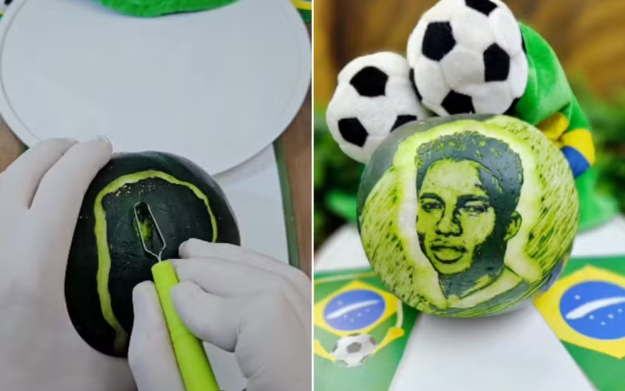 Chef impressiona ao esculpir rosto de Endrick em melancia Imagem referente a Chef impressiona ao esculpir rosto de Endrick em melancia