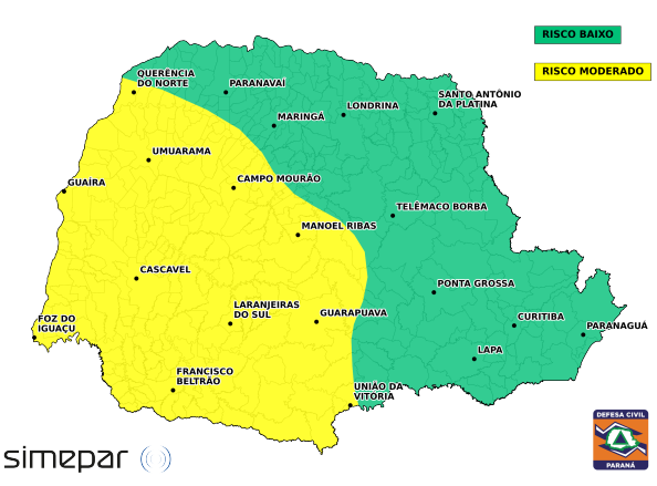 Mapa do Paraná com Cascavel e a região Oeste em área amarela de risco moderado para tempestades nesta sexta-feira