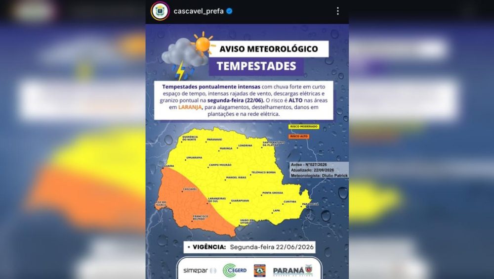 Defesa Civil emite alerta de risco alto para tempestade em Cascavel Imagem referente a Defesa Civil emite alerta de risco alto para tempestade em Cascavel